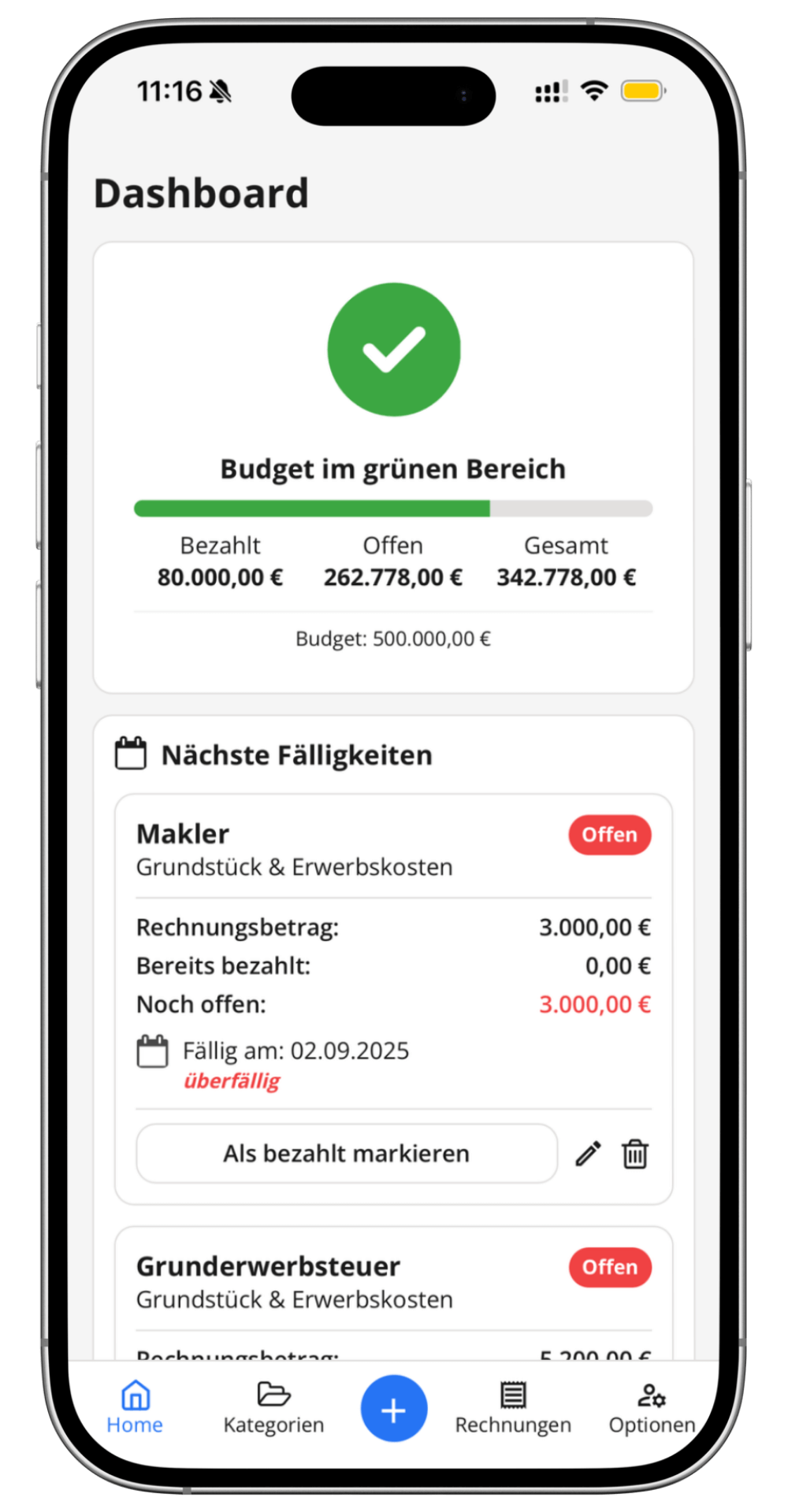 Hausbau Kosten App - Baukosten tracken und Budget im Blick behalten